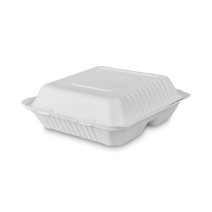 Emerald Tree-Free Farm to Paper Agricultural Waste Clamshell Container, 3-Compartment 8 x 8 x 3, White Sugarcane, 50/Pack, 6 Packs/CT (DFDPME01010) View Product Image