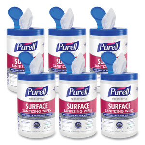PURELL Foodservice Surface Sanitizing Wipes, 1-Ply, 10 x 7, Fragrance-Free, White, 110/Canister, 6 Canisters/Carton View Product Image