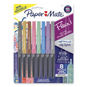 Paper Mate Flair Metallic Porous Point Pen, Stick, Medium 0.7 mm, Assorted Ink and Barrel Colors, 8/Pack View Product Image