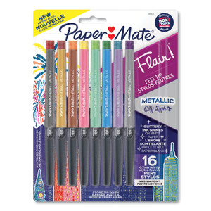 Paper Mate Flair Metallic Porous Point Pen, Stick, Medium 0.7 mm, Assorted Ink and Barrel Colors, 16/Pack (PAP2129448) View Product Image
