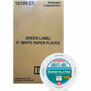 Green Label 9" Green Label Economy Paper Plates - Microwave Safe - 9" Diameter - White - Paper Body - 100/Bag Product Image 