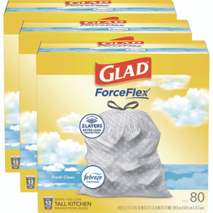 Glad ForceFlex Kitchen Drawstring Trash Bags, 13 gal, Fresh Clean Scent, 24" x 27.38", White, 80 Bags/Box, 3 Boxes/Carton View Product Image