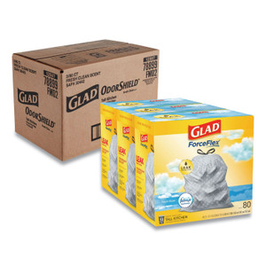 Glad OdorShield Tall Kitchen Drawstring Bags, 13 gal, 0.72 mil, 24" x 27.38", White, 80 Bags/Box, 3 Boxes/Carton (CLO78899) View Product Image