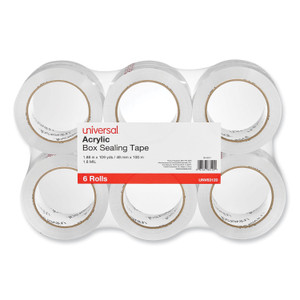 Universal Deluxe General-Purpose Acrylic Box Sealing Tape, 1.7 mil, 3" Core, 1.88" x 109 yds, Clear, 6/Pack (UNV63120) View Product Image