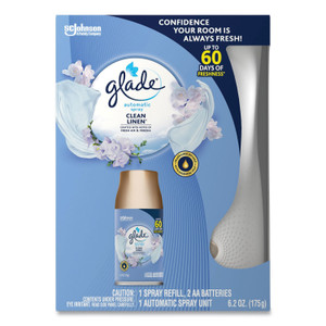 Glade Automatic Spray Starter Kit, Spray Unit and Refill, White/Gold, Clean Linen, 4/Carton (SJN329349) View Product Image
