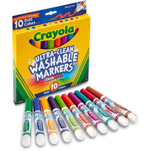 Crayola Bold Colors Washable Markers - Broad Conical Marker Point - Washable - Plum, Golden Yellow, Primrose, Azure, Copper, Emerald, Teal, Raspberry, Kiwi, Pumpkin Ink Product Image 
