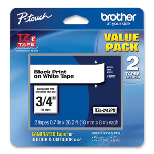 Brother P-Touch TZe Standard Adhesive Laminated Labeling Tape, 0.7" x 26.2 ft, Black on White, 2/Pack (BRTTZE2412PK) View Product Image