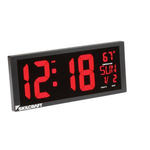 6645016988079 SKILCRAFT LED Self-set Digital Clock, 14.4" x 5.9", Black Case, AC Powered, 2 AA (sold separately) (NSN6988079) View Product Image