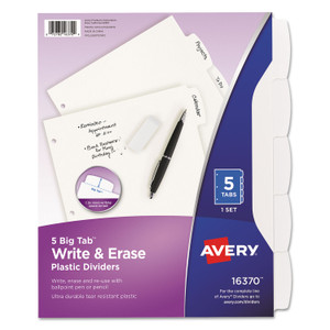 Avery Write and Erase Big Tab Durable Plastic Dividers, 3-Hole Punched, 5-Tab, 11 x 8.5, White, 1 Set (AVE16370) View Product Image