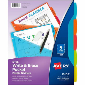 Avery Write & Erase Durable Plastic Dividers with Pocket - 5 x Divider(s) - 5 Write-on Tab(s) - 5 Tab(s)/Set - 9.3" Divider Width x 11.25" Divider Length - 3 Hole Punched Product Image 