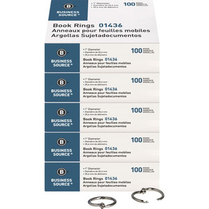 Business Source Standard Book Rings - 1" Diameter - Silver - Nickel Plated - 100/Box Product Image 