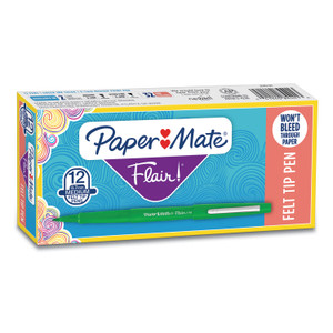 Paper Mate Point Guard Flair Felt Tip Porous Point Pen, Stick, Medium 0.7 mm, Green Ink, Green Barrel, Dozen View Product Image