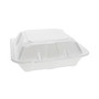 Pactiv Evergreen Vented Foam Hinged Lid Container, Dual Tab Lock, 3-Compartment, 9.13 x 9 x 3.25, White, 150/Carton (PCTYTD199030000) View Product Image