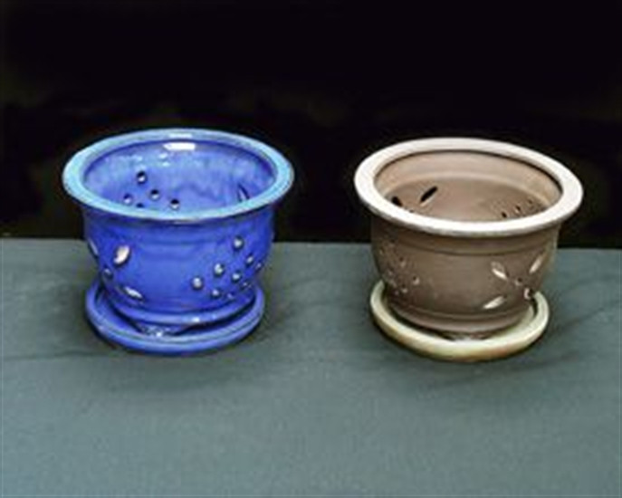 Chinese Orchid Pot , Round Glazed Glazed, blue Orchid