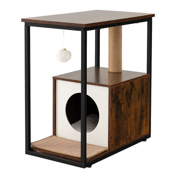 Cat Furniture End Table Cat House with Scratching Post-Rustic Brown