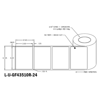 4 in W x 3 in L IJ High-Gloss Film Labels, 4 in OD, 2 in Core, White, General Purpose Permanent Adhesive, No Perf, 510 Labels/Roll, 12 Rolls/Case, 1 Case (6,120 Labels), Black Rhino Stock Labels