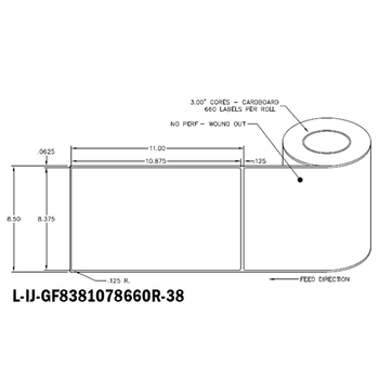 8.375 in W x 10.875 in L IJ High-Gloss Film Labels, 8 in OD, 3 in Core, White, General Purpose Permanent Adhesive, No Perf, 660 Labels/Roll, 4 Rolls/Case, 1 Case (2,640 Labels), Black Rhino Stock Labels