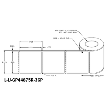 4 in W x 4 in L IJ High-Gloss Paper Labels, 6 in OD, 3 in Core, White, General Purpose Permanent Adhesive, Perf, 875 Labels/Roll, 4 Rolls/Case, 1 Case (3,500 Labels), Black Rhino Stock Labels