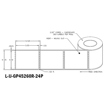 4 in W x 5 in L IJ High-Gloss Paper Labels, 4 in OD, 2 in Core, White, General Purpose Permanent Adhesive, Perf, 260 Labels/Roll, 12 Rolls/Case, 1 Case (3,120 Labels), Black Rhino Stock Labels