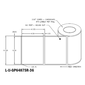 6 in W x 4 in L IJ High-Gloss Paper Labels, 6 in OD, 3 in Core, White, General Purpose Permanent Adhesive, No Perf, 875 Labels/Roll, 4 Rolls/Case, 1 Case (3,500 Labels), Black Rhino Stock Labels