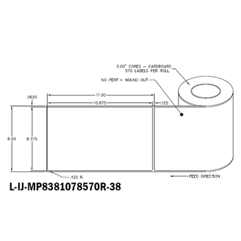 8.375 in W x 10.875 in L IJ Matte Paper Labels, 8 in OD, 3 in Core, White, General Purpose Permanent Adhesive, No Perf, 570 Labels/Roll, 4 Rolls/Case, 1 Case (2,280 Labels), Black Rhino Stock Labels