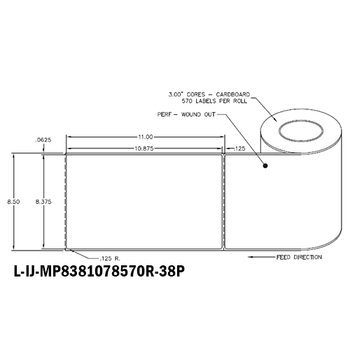 8.375 in W x 10.875 in L IJ Matte Paper Labels, 8 in OD, 3 in Core, White, General Purpose Permanent Adhesive, Perf, 570 Labels/Roll, 4 Rolls/Case, 1 Case (2,280 Labels), Black Rhino Stock Labels