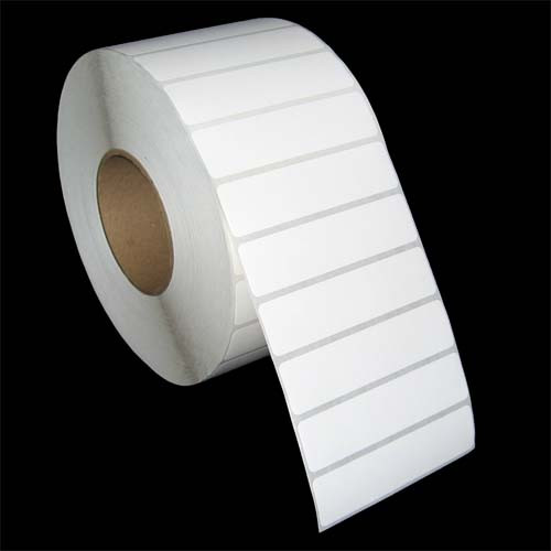 4 in W x 1 in L TT Polyester Labels, 8 in OD, 3 in Core, White, High Performance Permanent Adhesive, Perf, 5,500 Labels/Roll, 4 Rolls/Case, 1 Case (22,000 Labels), Black Rhino Stock Labels