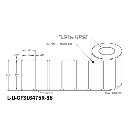 3 in W x 1 in L IJ High-Gloss Film Labels, 8 in OD, 3 in Core, White, General Purpose Permanent Adhesive, No Perf, 6,475 Labels/Roll, 4 Rolls/Case, 1 Case (25,900 Labels), Black Rhino Stock Labels