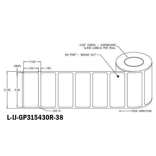 3 in W x 1 in L IJ High-Gloss Paper Labels, 8 in OD, 3 in Core, White, General Purpose Permanent Adhesive, No Perf, 5,430 Labels/Roll, 4 Rolls/Case, 1 Case (21,720 Labels), Black Rhino Stock Labels