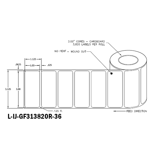 3 in W x 1 in L IJ High-Gloss Film Labels, 6 in OD, 3 in Core, White, General Purpose Permanent Adhesive, No Perf, 3,820 Labels/Roll, 4 Rolls/Case, 1 Case (15,280 Labels), Black Rhino Stock Labels