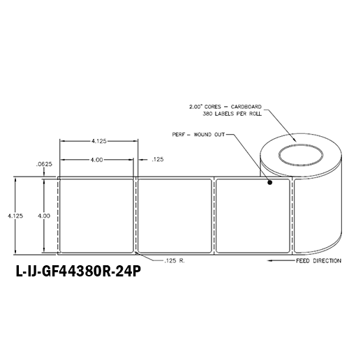 4 in W x 4 in L IJ High-Gloss Film Labels, 4 in OD, 2 in Core, White, General Purpose Permanent Adhesive, Perf, 380 Labels/Roll, 12 Rolls/Case, 1 Case (4,560 Labels), Black Rhino Stock Labels