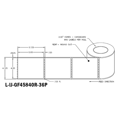 4 in W x 5 in L IJ High-Gloss Film Labels, 6 in OD, 3 in Core, White, General Purpose Permanent Adhesive, Perf, 840 Labels/Roll, 4 Rolls/Case, 1 Case (3,360 Labels), Black Rhino Stock Labels