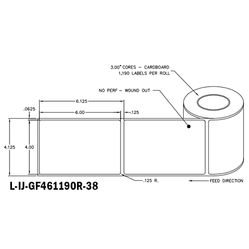 4 in W x 6 in L IJ High-Gloss Film Labels, 8 in OD, 3 in Core, White, General Purpose Permanent Adhesive, No Perf, 1,190 Labels/Roll, 4 Rolls/Case, 1 Case (4,760 Labels), Black Rhino Stock Labels