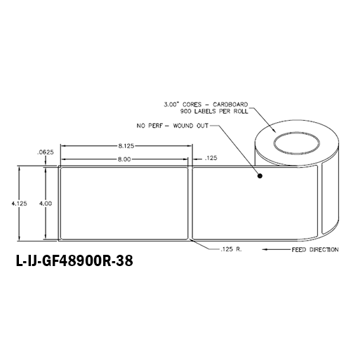 4 in W x 8 in L IJ High-Gloss Film Labels, 8 in OD, 3 in Core, White, General Purpose Permanent Adhesive, No Perf, 900 Labels/Roll, 4 Rolls/Case, 1 Case (3,600 Labels), Black Rhino Stock Labels
