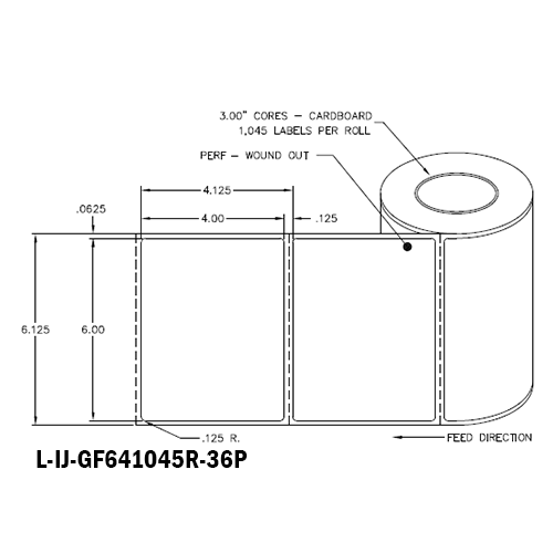 6 in W x 4 in L IJ High-Gloss Film Labels, 6 in OD, 3 in Core, White, General Purpose Permanent Adhesive, Perf, 1,045 Labels/Roll, 4 Rolls/Case, 1 Case (4,180 Labels), Black Rhino Stock Labels
