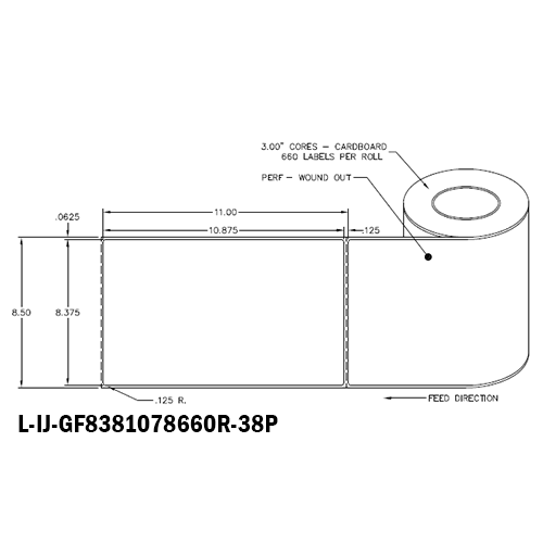 8.375 in W x 10.875 in L IJ High-Gloss Film Labels, 8 in OD, 3 in Core, White, General Purpose Permanent Adhesive, Perf, 660 Labels/Roll, 4 Rolls/Case, 1 Case (2,640 Labels), Black Rhino Stock Labels