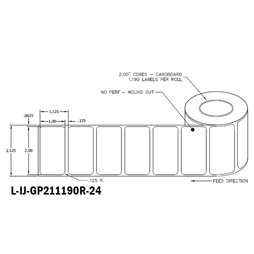 2 in W x 1 in L IJ High-Gloss Paper Labels, 4 in OD, 2 in Core, White, General Purpose Permanent Adhesive, No Perf, 1,190 Labels/Roll, 12 Rolls/Case, 1 Case (14,280 Labels), Black Rhino Stock Labels