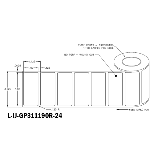 3 in W x 1 in L IJ High-Gloss Paper Labels, 4 in OD, 2 in Core, White, General Purpose Permanent Adhesive, No Perf, 1,190 Labels/Roll, 12 Rolls/Case, 1 Case (14,280 Labels), Black Rhino Stock Labels