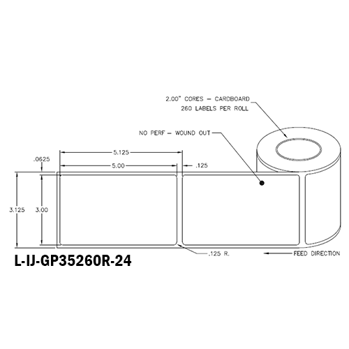 3 in W x 5 in L IJ High-Gloss Paper Labels, 4 in OD, 2 in Core, White, General Purpose Permanent Adhesive, No Perf, 260 Labels/Roll, 12 Rolls/Case, 1 Case (3,120 Labels), Black Rhino Stock Labels