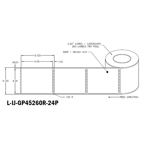 4 in W x 5 in L IJ High-Gloss Paper Labels, 4 in OD, 2 in Core, White, General Purpose Permanent Adhesive, Perf, 260 Labels/Roll, 12 Rolls/Case, 1 Case (3,120 Labels), Black Rhino Stock Labels