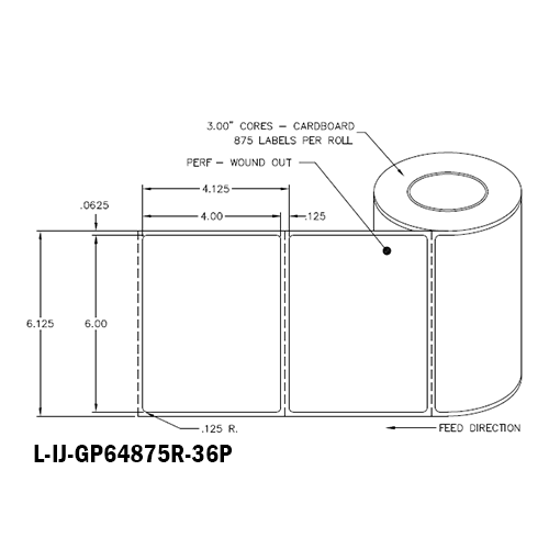 6 in W x 4 in L IJ High-Gloss Paper Labels, 6 in OD, 3 in Core, White, General Purpose Permanent Adhesive, Perf, 875 Labels/Roll, 4 Rolls/Case, 1 Case (3,500 Labels), Black Rhino Stock Labels