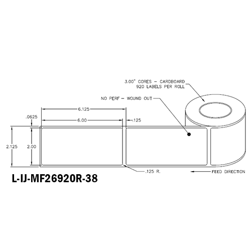 2 in W x 6 in L IJ Matte Film Labels, 8 in OD, 3 in Core, White, High Performance Permanent Adhesive, No Perf, 920 Labels/Roll, 4 Rolls/Case, 1 Case (3,680 Labels), Black Rhino Stock Labels