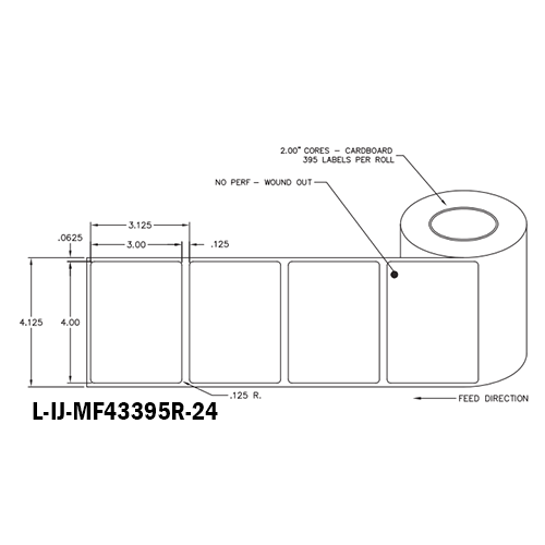 4 in W x 3 in L IJ Matte Film Labels, 4 in OD, 2 in Core, White, High Performance Permanent Adhesive, No Perf, 395 Labels/Roll, 12 Rolls/Case, 1 Case (4,740 Labels), Black Rhino Stock Labels