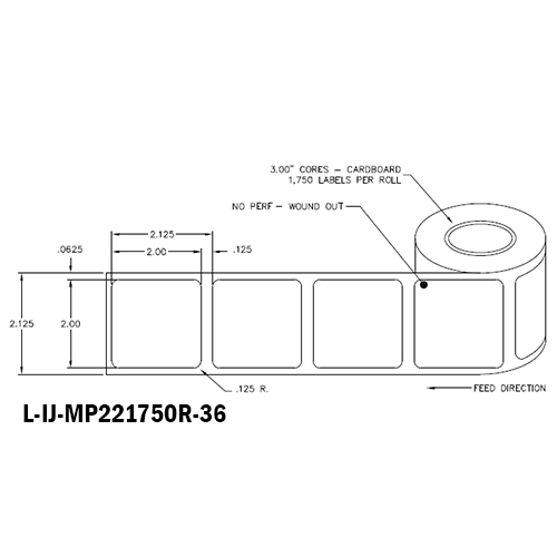 2 in W x 2 in L IJ Matte Paper Labels, 6 in OD, 3 in Core, White, General Purpose Permanent Adhesive, No Perf, 1,750 Labels/Roll, 4 Rolls/Case, 1 Case (7,000 Labels), Black Rhino Stock Labels