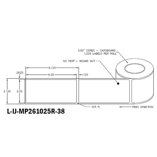 2 in W x 6 in L IJ Matte Paper Labels, 8 in OD, 3 in Core, White, General Purpose Permanent Adhesive, No Perf, 1,025 Labels/Roll, 4 Rolls/Case, 1 Case (4,100 Labels), Black Rhino Stock Labels