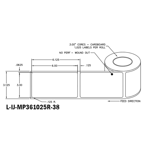 3 in W x 6 in L IJ Matte Paper Labels, 8 in OD, 3 in Core, White, General Purpose Permanent Adhesive, No Perf, 1,025 Labels/Roll, 4 Rolls/Case, 1 Case (4,100 Labels), Black Rhino Stock Labels