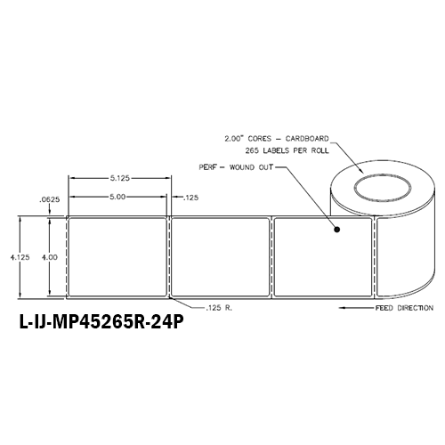 4 in W x 5 in L IJ Matte Paper Labels, 4 in OD, 2 in Core, White, General Purpose Permanent Adhesive, Perf, 265 Labels/Roll, 12 Rolls/Case, 1 Case (3,180 Labels), Black Rhino Stock Labels