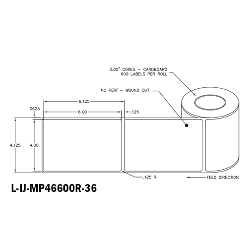 4 x 6,  1WIDE, W/O, MATERIAL SPEC: 251, White, Preimum Matte Paper, 5.4mil, Permenant Adhesive, Rubber Hot Melt , 40# Liner, 3in ID/6in OD, Non-Perfed, 600LABELS/ROLL 2ROLLS/CASE, 1200LABELS/CASE