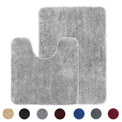 Soft Shaggy Plush Bathroom Mat 2 Piece Contour Set (Gray)