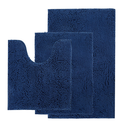 Chenille Bathroom Mat 3 Piece Set (Navy Blue)